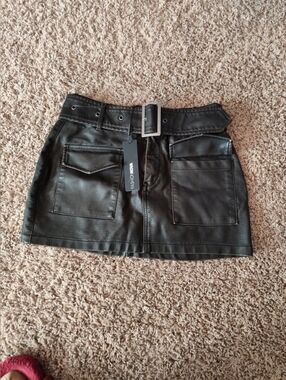 Fashion Nova Black Faux Leather Mini Skirt with Belted Waist Size Small